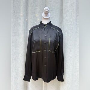 Escada Margaretha Ley black moss green button down shiny silk blouse